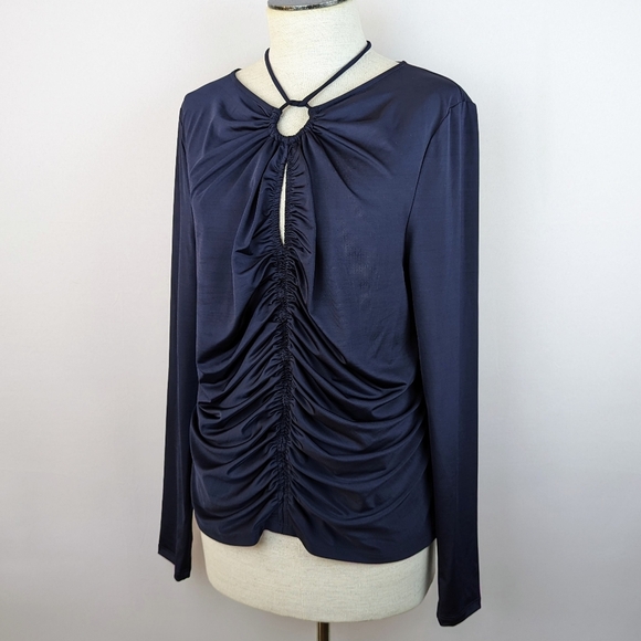Veronica Beard Rogue Top Halter Neck Tie Ruched Detail Long Sleeve Navy 12 NWT - Picture 9 of 13